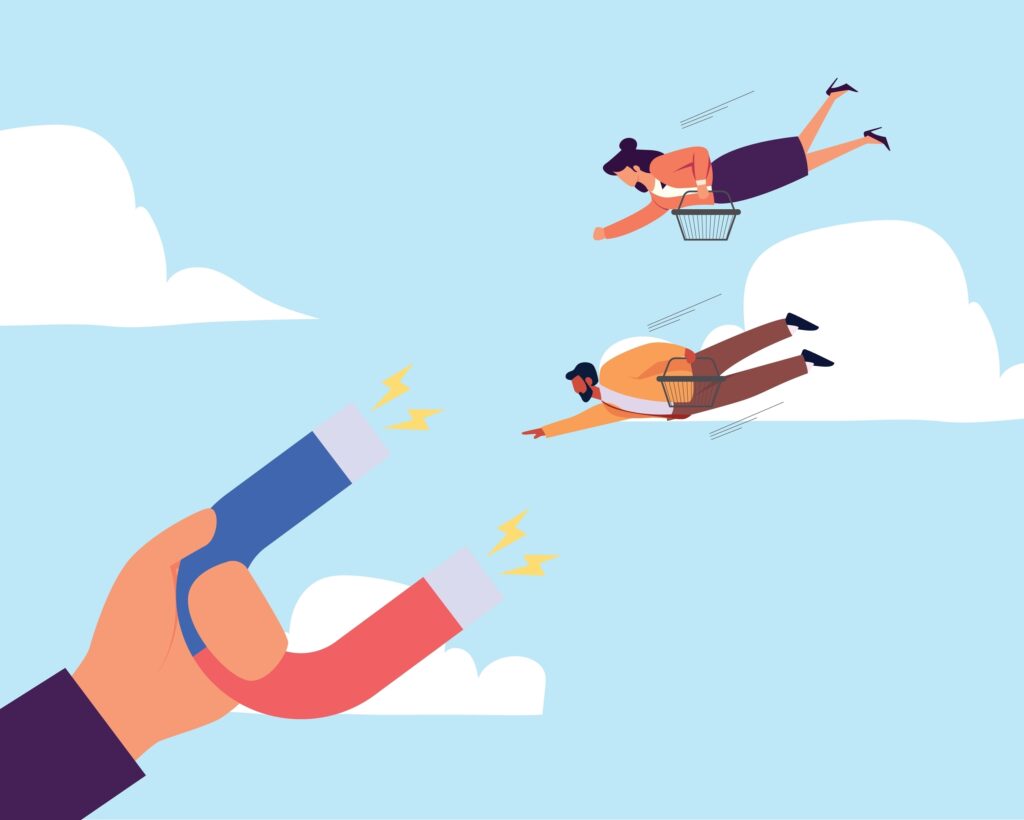 illustration showing customer engagement with a magnet attracting customers